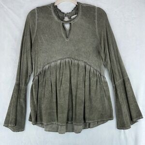 Knox Rose Womens Olive Green Bell Sleeve Babydoll Peplum Top Size M Keyhole Neck